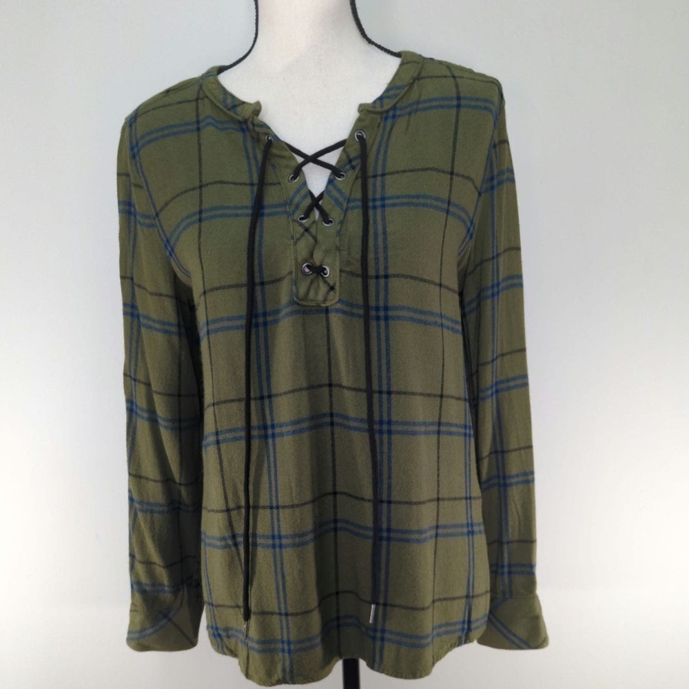 Santuary Women's Plaid Olive Green Top MEDIUM‎